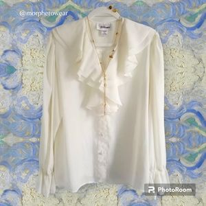 Vtg sheer Poet Ivory Blouse ruffle neck full  elastic rffl slv wh cloth bttns 12